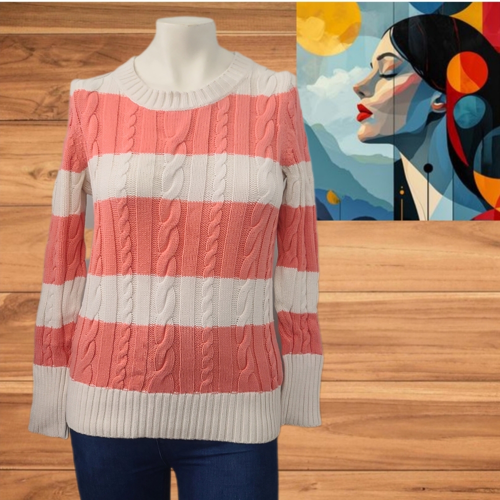 J.Crew Women’s Cable Knit Sweater Striped‎ Coral/White Long Sleeve PulloverSz S